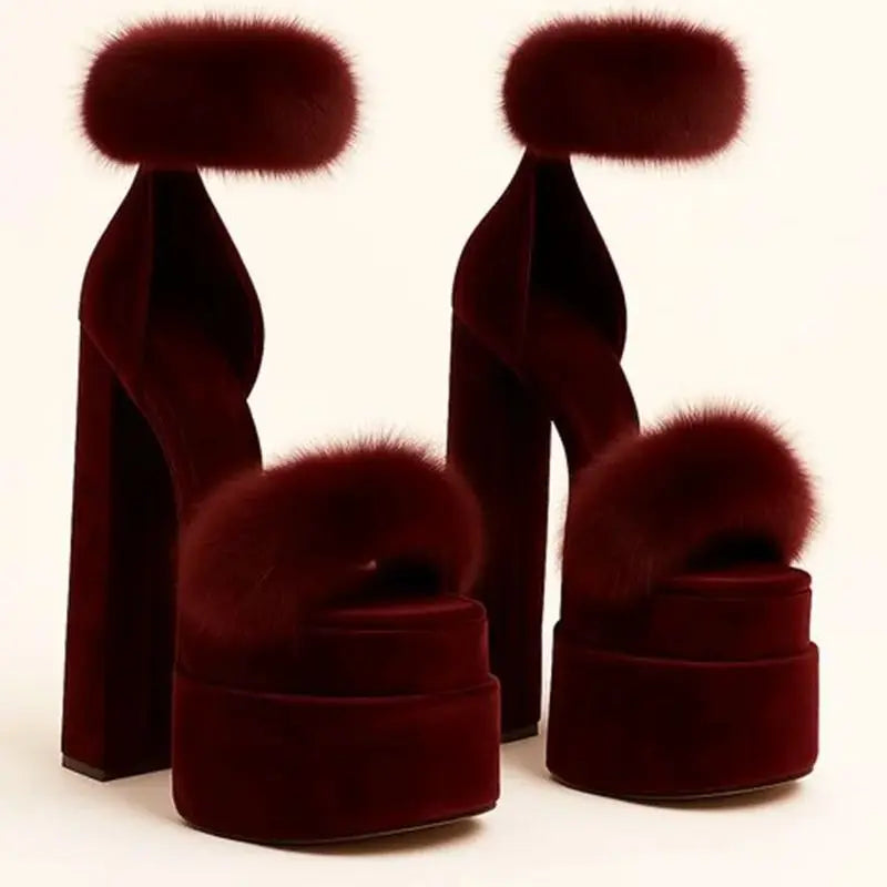 Green Velvet Platform Round-Toe Heels Faux Fur Accents Chunky Block Heel Open-Toe Design Fashion Luxe Thick High Heels for Lady