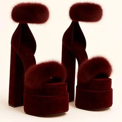Green Velvet Platform Round-Toe Heels Faux Fur Accents Chunky Block Heel Open-Toe Design Fashion Luxe Thick High Heels for Lady