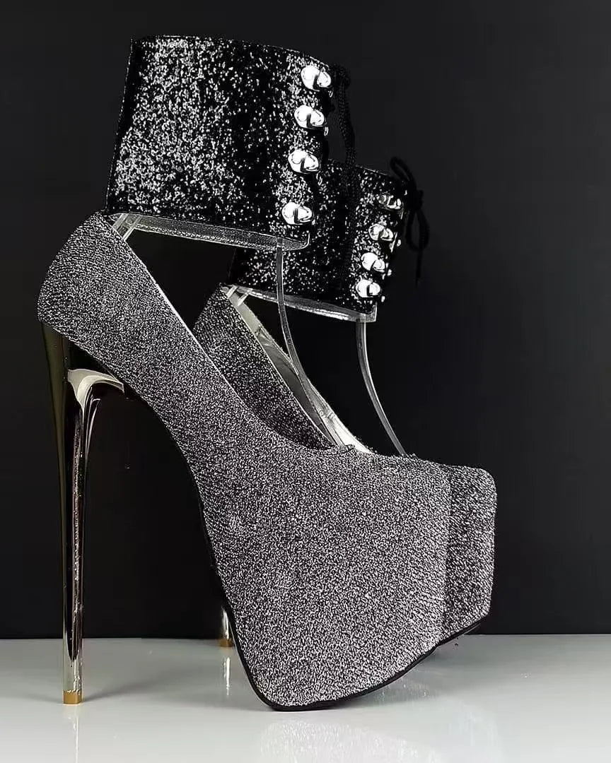 Silver Shiny Platform Stiletto High Heels Black Sparkle Ankle Cuffs Strap Detail Fashion Round-Toe Sexy Pump for Evening Looks