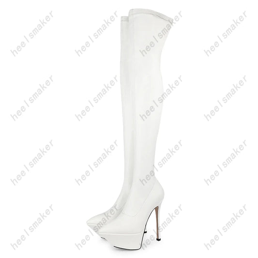 Ronticool Women's Spring Over-Knee Boots Platform Stiletto Heels Pointed Toe Pretty Silver Party Shoes US Size 37