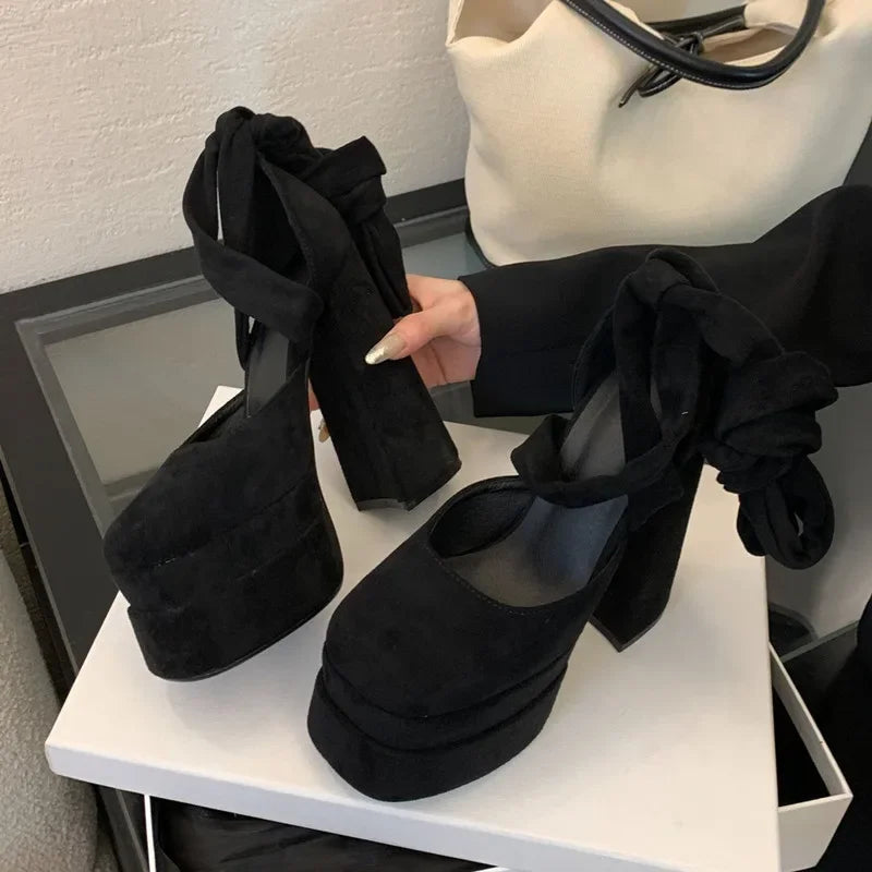 15cm Ultra High heels Fashion Square toe Double Platform Women Pumps Sexy Ankle Strap Mary Jane Wedges Thick Heeled Chunky Shoes