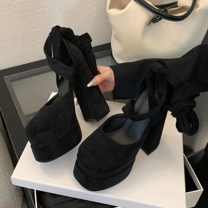 15cm Ultra High heels Fashion Square toe Double Platform Women Pumps Sexy Ankle Strap Mary Jane Wedges Thick Heeled Chunky Shoes