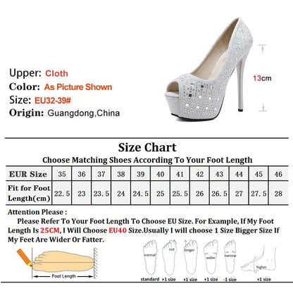 Fashion Women Super High Heels Pumps Waterproof Platform 4cm Fish Mouth Design Peep Toe Shoes Glitter Sequin Cloth Single Shoes