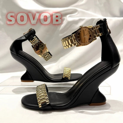 Womens Golden Watch Embellished Strap Sandals Sexy Wedge Heel Sandals Open Toe Ladies Chain Detail Gladiator Sandals 35-43