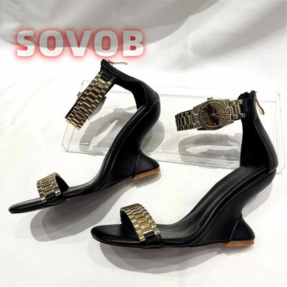 Womens Golden Watch Embellished Strap Sandals Sexy Wedge Heel Sandals Open Toe Ladies Chain Detail Gladiator Sandals 35-43