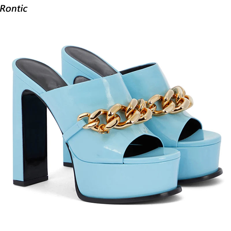 Rontic Women Platform Mules Sandals Genuine Leather Patent Chunky Heels Open Toe Sky Blue Black Beige Party Shoes US Size 5-10.5