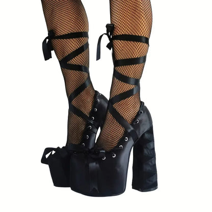 Lolita Pink Sandals Sweet Strappy Platform Thick Heel Women's Pumps Satin Bow Tie Lace-Up Fashion Sandals
