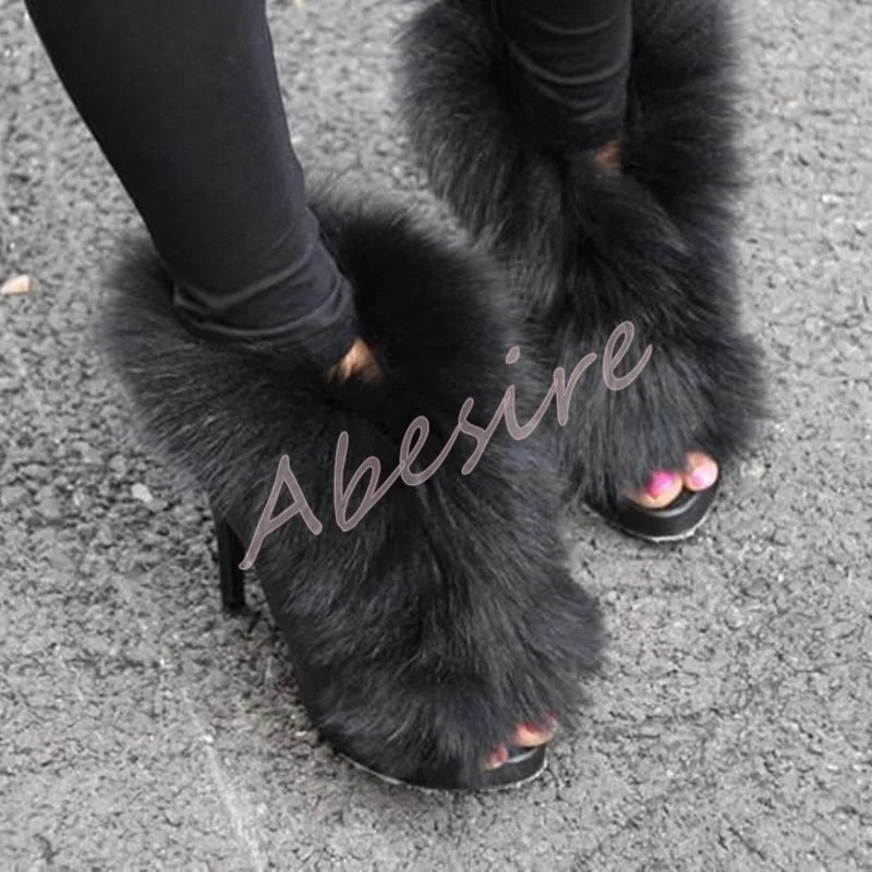 Autumn Suede Open-Toe Bare Boots Original Stiletto Heels Slip-On Furry High Heels Fashion Party Trend Banquet Short Boots 46