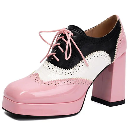 ORCHA LISA Shiny Fashion Women Pumps Square Toe Chunky Heels 9.5cm Platform 2cm Lace Up Mixed Color 44 45 46 47 48 Dating Shoes