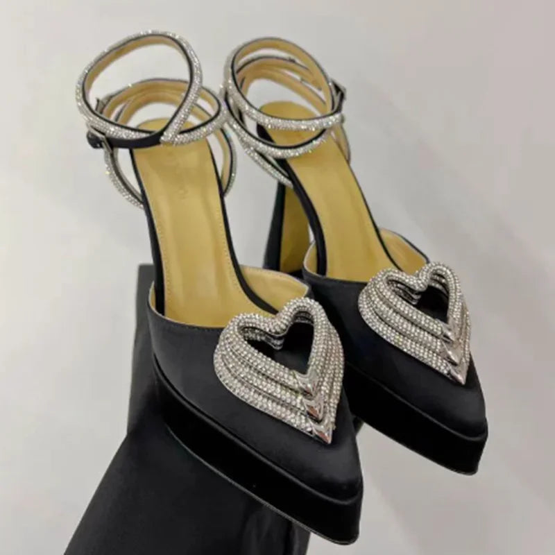 Platform Crystal Love Decoration Sandals Sexy Pointed Toe Thin Heel Ankle Buckle Strap New Arrivals Fashion Women Modern Shoes