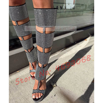 Crystal Caged Platform Knee High Sandal Boots Women Cut-out T-strap Gladiator Open Toe Sandals Sexy Back Zipper Stiletto Shoes