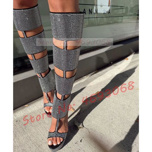 Crystal Caged Platform Knee High Sandal Boots Women Cut-out T-strap Gladiator Open Toe Sandals Sexy Back Zipper Stiletto Shoes