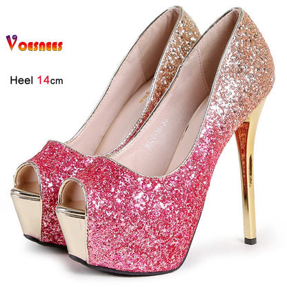 2025 New Rose Red Sequin High Heels 14cm 12cm Clear Platform Women Shoes Thin Heels Round Toe Ladies Pumps Peep Toe Party Shoes