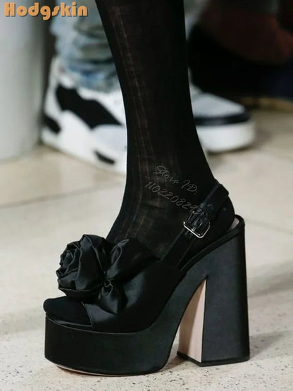 Sexy Flower Square Heel Sandals Satin Solid Round Toe Buckle Straps Pumps 2025 Summer Women New Fashion Party Shoes Platform