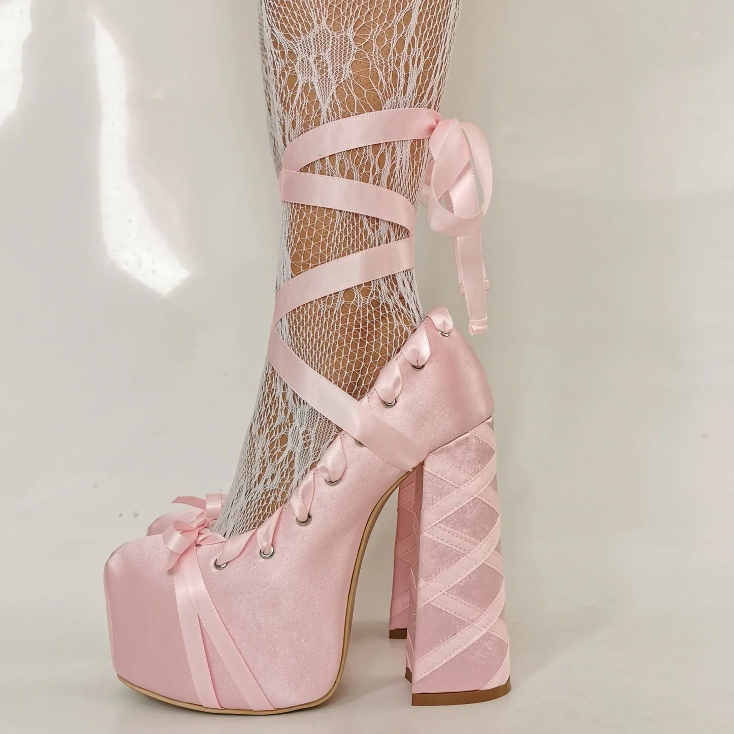 Lolita Pink Sandals Sweet Strappy Platform Thick Heel Women's Pumps Satin Bow Tie Lace-Up Fashion Sandals