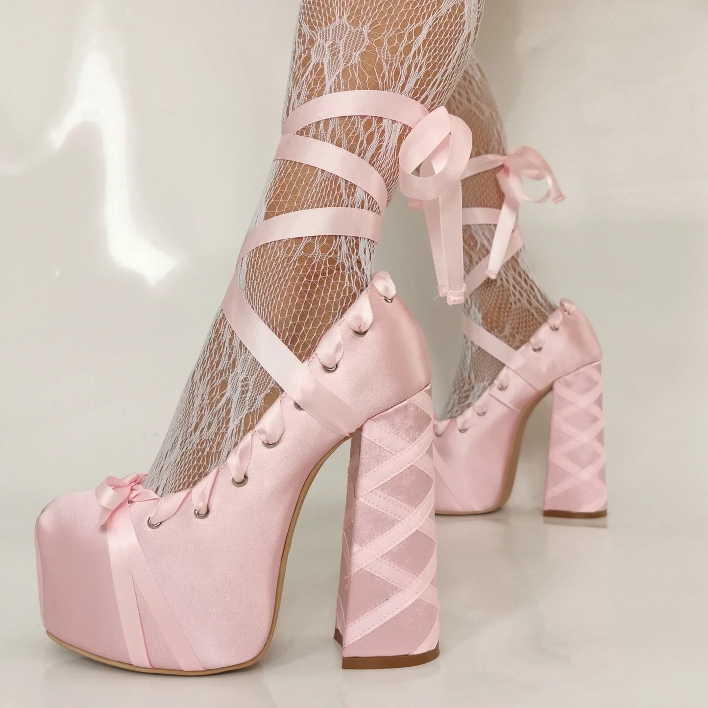 Lolita Pink Sandals Sweet Strappy Platform Thick Heel Women's Pumps Satin Bow Tie Lace-Up Fashion Sandals