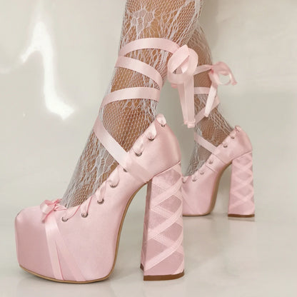 Lolita Pink Sandals Sweet Strappy Platform Thick Heel Women's Pumps Satin Bow Tie Lace-Up Fashion Sandals