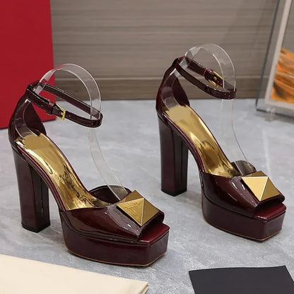 Metal Square Buckle Plaftome Peep Toe Heels Sexy Peep Toe Square Heel Cover Heel Buckle Betl New Arrivals Fashion Women Shoes