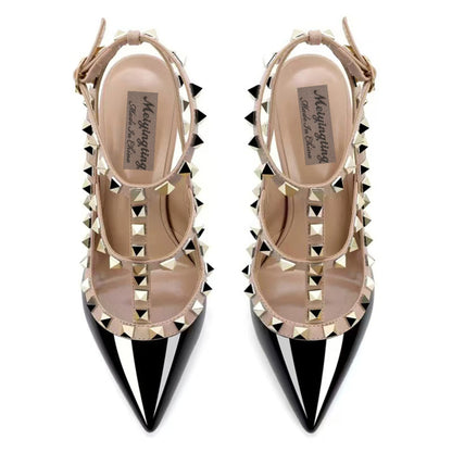 Rivet Decorated T-Strap High-Heeled Sandals with Pointed Toe and Stiletto Heels, Sexy Women's Shoes