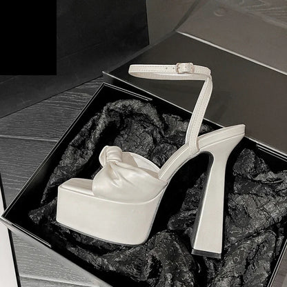 Eilyken Designer Pleated Square Toe Sandals Women's Banquet Party High Heels Shoes Fashion Platform Buckle Strap Pumps