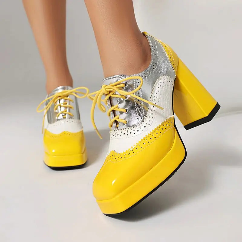 ORCHA LISA Shiny Fashion Women Pumps Square Toe Chunky Heels 9.5cm Platform 2cm Lace Up Mixed Color 44 45 46 47 48 Dating Shoes