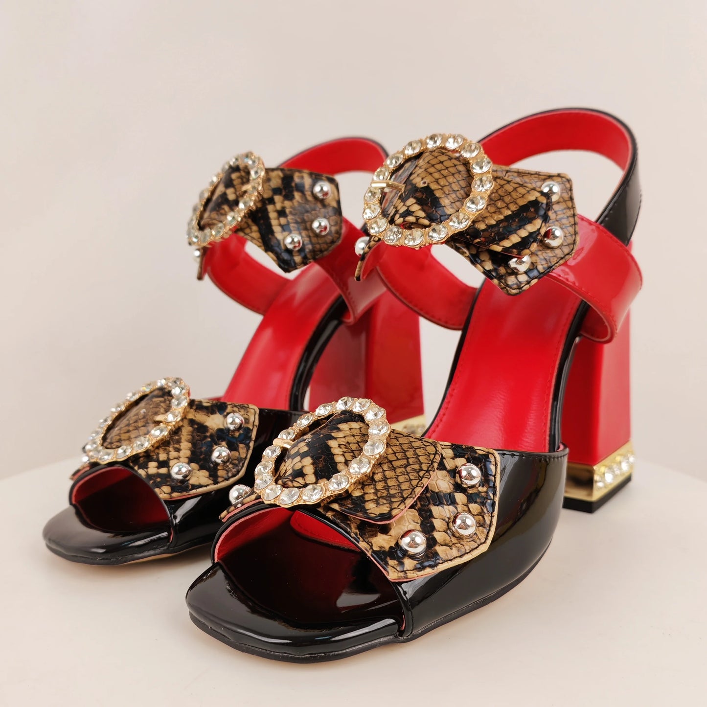 Women's Red-Black Platform Block Heel Sandals Sequin Accents Buckle Detail Bold Glam for Summer Evening Events Party Outfits