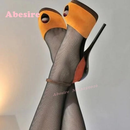 Multi-Color Platform Pumps Peep Toe Buckled Splicing Sexy Women's Sandals Stiletto Heels Ankle Strap Runway Shoes Elegant