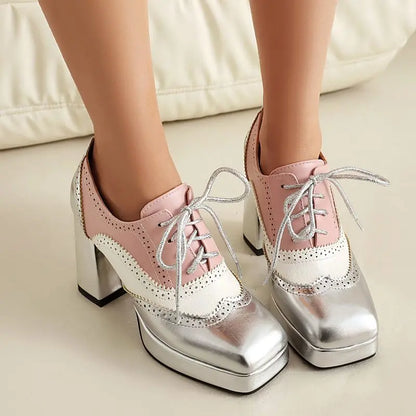 ORCHA LISA Shiny Fashion Women Pumps Square Toe Chunky Heels 9.5cm Platform 2cm Lace Up Mixed Color 44 45 46 47 48 Dating Shoes