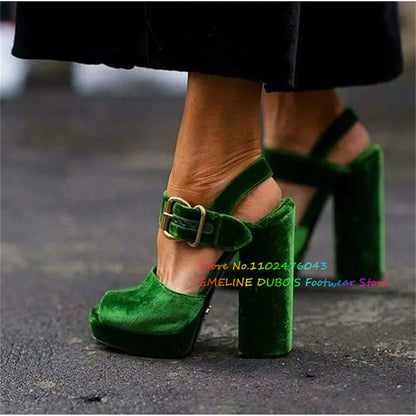 Grenn Velvet High Heeled Sandals for Women Open Toe Chunky Heel Buckle Strap Platform Elegant Solid Color Party Dress Shoes