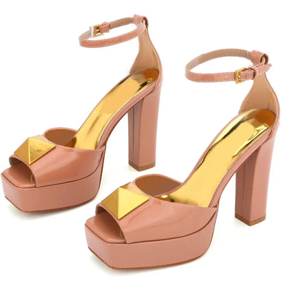 Metal Square Buckle Plaftome Peep Toe Heels Sexy Peep Toe Square Heel Cover Heel Buckle Betl New Arrivals Fashion Women Shoes