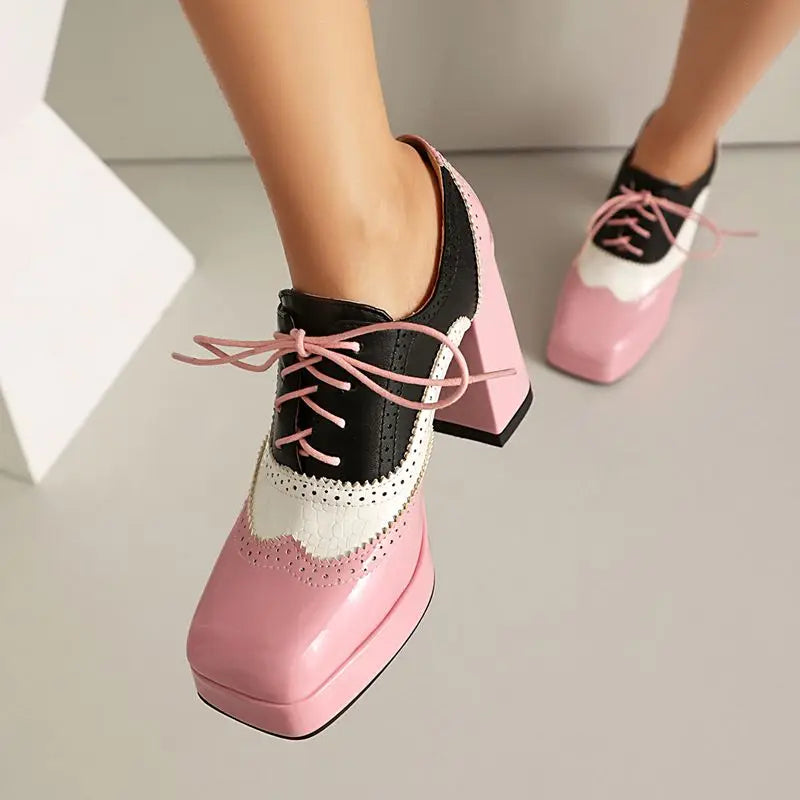 ORCHA LISA Shiny Fashion Women Pumps Square Toe Chunky Heels 9.5cm Platform 2cm Lace Up Mixed Color 44 45 46 47 48 Dating Shoes