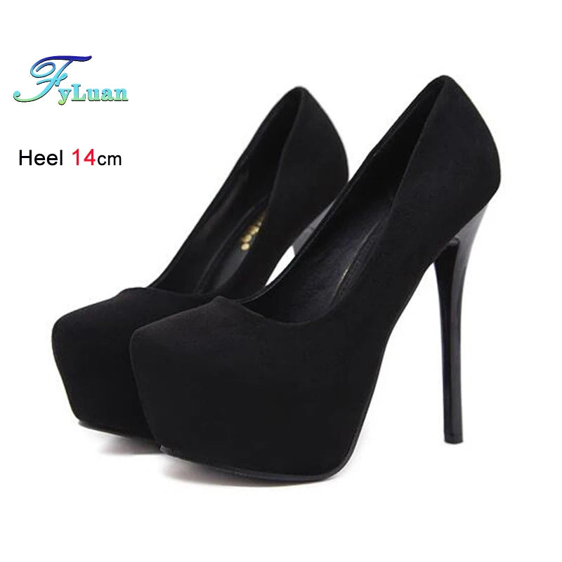 High Heels 12cm 14cm Women Pumps Fashion Flock Round Toe Platform Wedding Single Shoes Casual Thin Heels Ladies Super High Heels