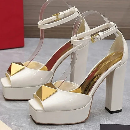 Metal Square Buckle Plaftome Peep Toe Heels Sexy Peep Toe Square Heel Cover Heel Buckle Betl New Arrivals Fashion Women Shoes