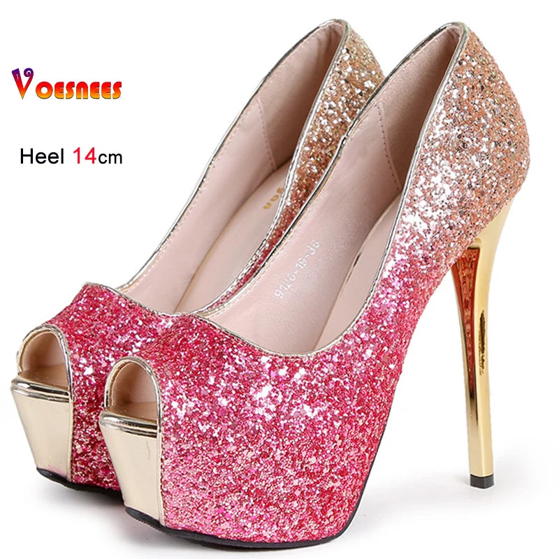 2025 New Rose Red Sequin High Heels 14cm 12cm Clear Platform Women Shoes Thin Heels Round Toe Ladies Pumps Peep Toe Party Shoes