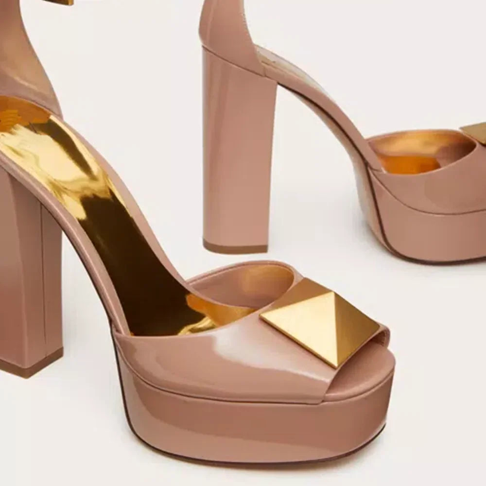 Metal Square Buckle Plaftome Peep Toe Heels Sexy Peep Toe Square Heel Cover Heel Buckle Betl New Arrivals Fashion Women Shoes