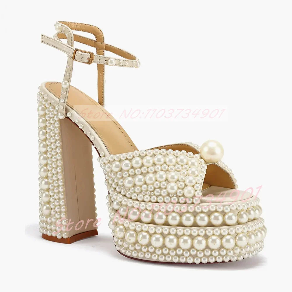 Women's White Pearl Platform Sandals Ankle Strap With Buckle Open Toe Bowknot Block Heels Sandals Luxe Lolita Party Wedding