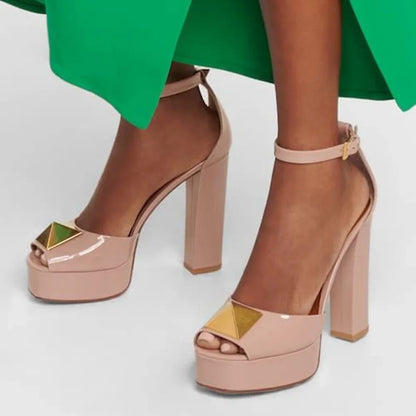 Metal Square Buckle Plaftome Peep Toe Heels Sexy Peep Toe Square Heel Cover Heel Buckle Betl New Arrivals Fashion Women Shoes