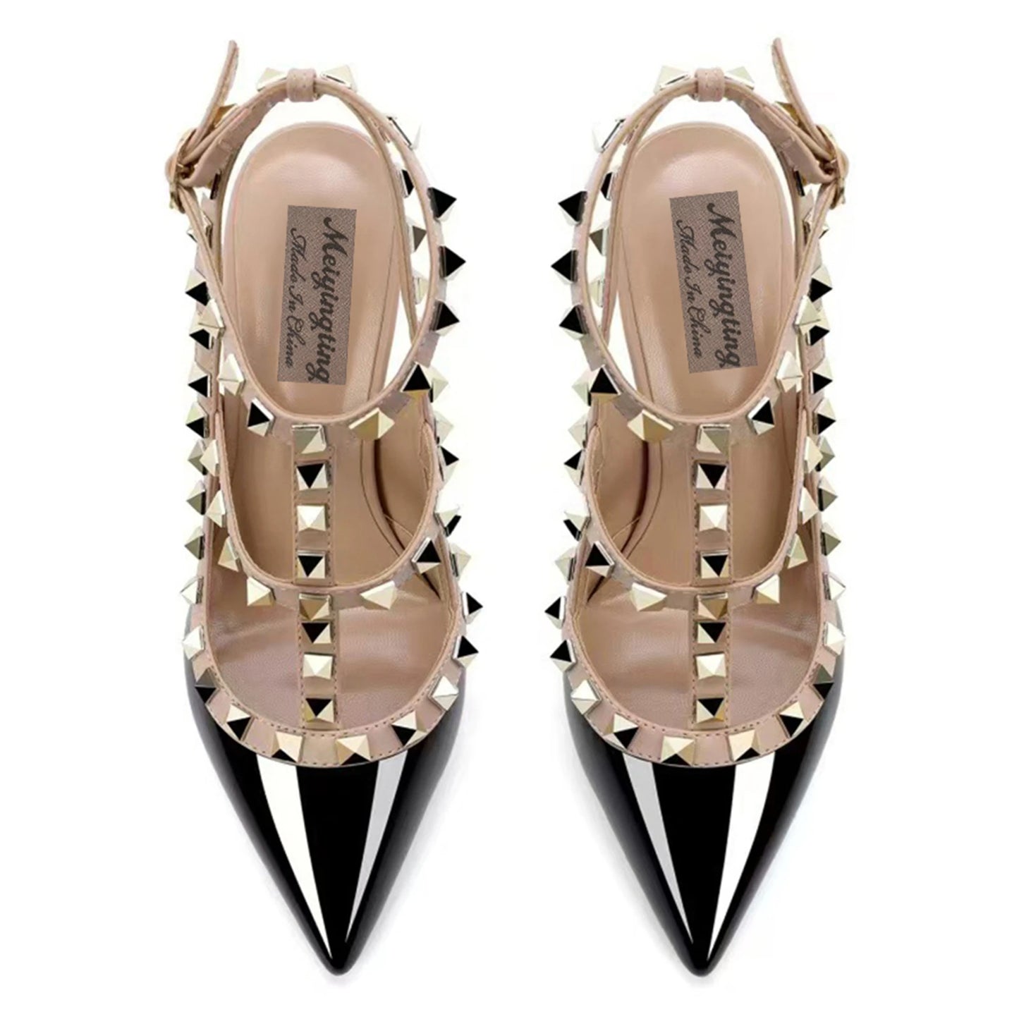 Rivet Decorated T-Strap High-Heeled Sandals with Pointed Toe and Stiletto Heels, Sexy Women's Shoes