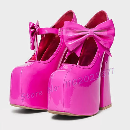 Hot Pink Patent Chunky Heel Bow Sandals Women's Evening Round Toe Platform Pumps Sweet Girl Party Cover Heel Showy Classy Shoes