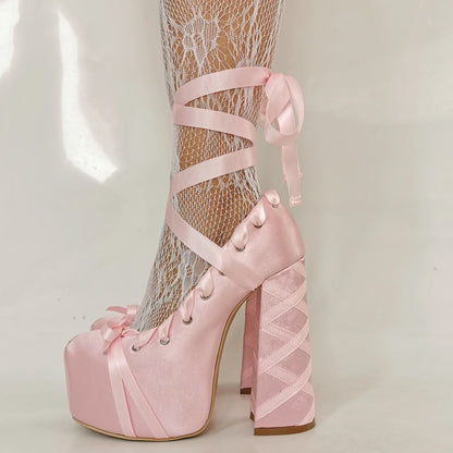 Lolita Pink Sandals Sweet Strappy Platform Thick Heel Women's Pumps Satin Bow Tie Lace-Up Fashion Sandals