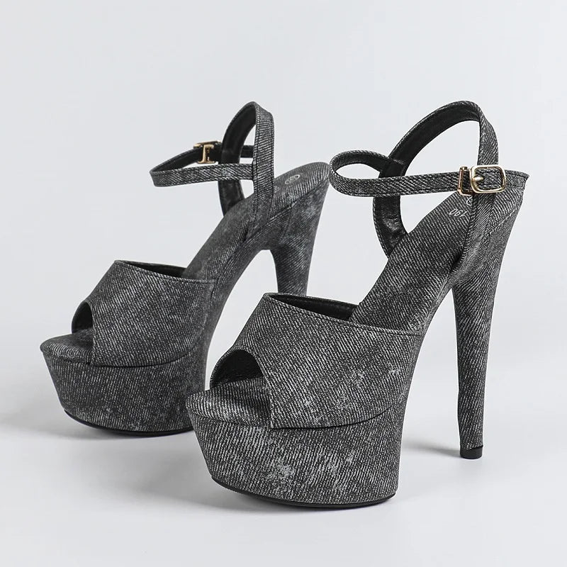 Eilyken Summer Design Denim Buckle Strap Women Sandals Fashion Open Toe Stiletto High Heels Nightclub Stripper Shoes