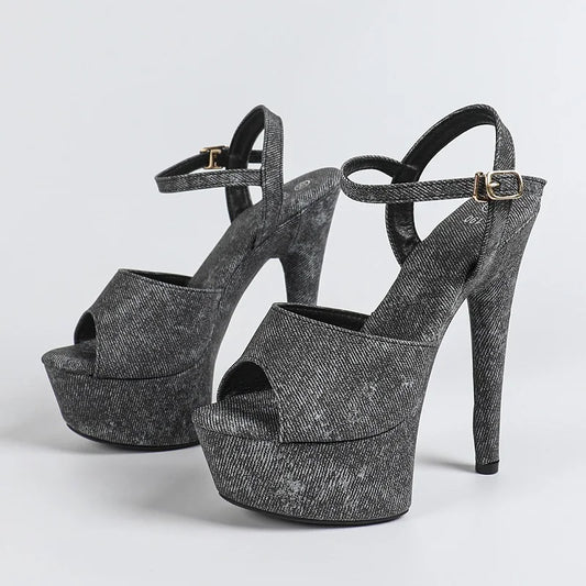 Eilyken Summer Design Denim Buckle Strap Women Sandals Fashion Open Toe Stiletto High Heels Nightclub Stripper Shoes