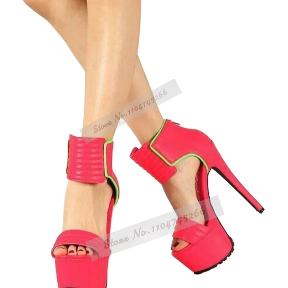 Rose Red Matte Leather Striped High Heel Sandals Platform Wide Band Zipped Dress Shoes Open Toe Gladiator Banquet Pumps