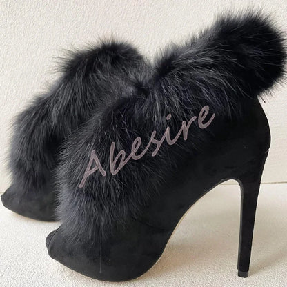 Autumn Suede Open-Toe Bare Boots Original Stiletto Heels Slip-On Furry High Heels Fashion Party Trend Banquet Short Boots 46