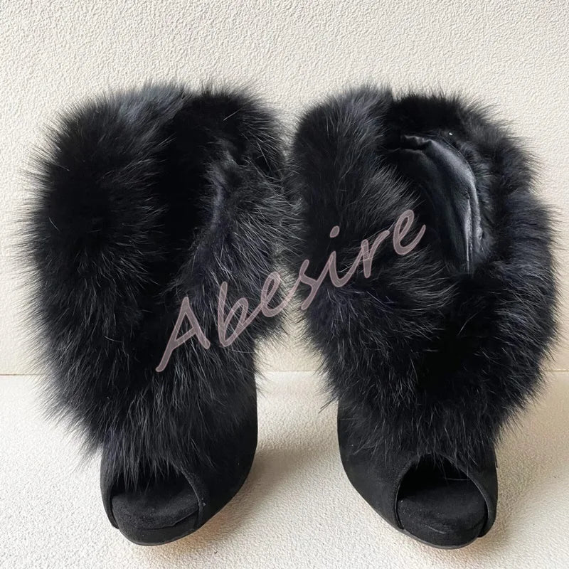 Autumn Suede Open-Toe Bare Boots Original Stiletto Heels Slip-On Furry High Heels Fashion Party Trend Banquet Short Boots 46