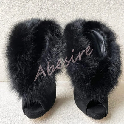 Autumn Suede Open-Toe Bare Boots Original Stiletto Heels Slip-On Furry High Heels Fashion Party Trend Banquet Short Boots 46