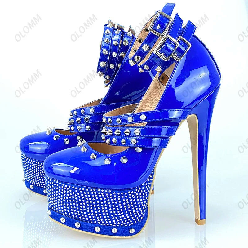 Olomm Handmade Women Platform Pumps Sexy Rivets Stiletto High Heels Pumps Round Toe Pink Party Shoes Women Plus US Size 5-15