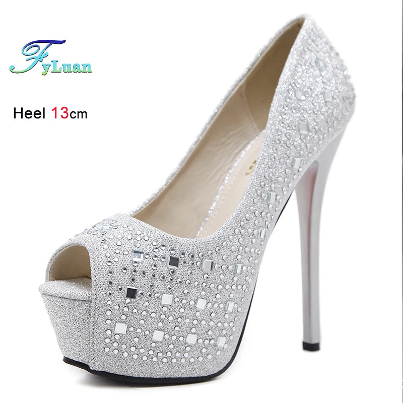 Fashion Women Super High Heels Pumps Waterproof Platform 4cm Fish Mouth Design Peep Toe Shoes Glitter Sequin Cloth Single Shoes