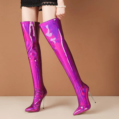 Women Boots Mirror Platform Pointed Toe Sexy High Thin Heels Over The Knee Long Boots Autumn Winter Zip Golden Casual Party Shoe
