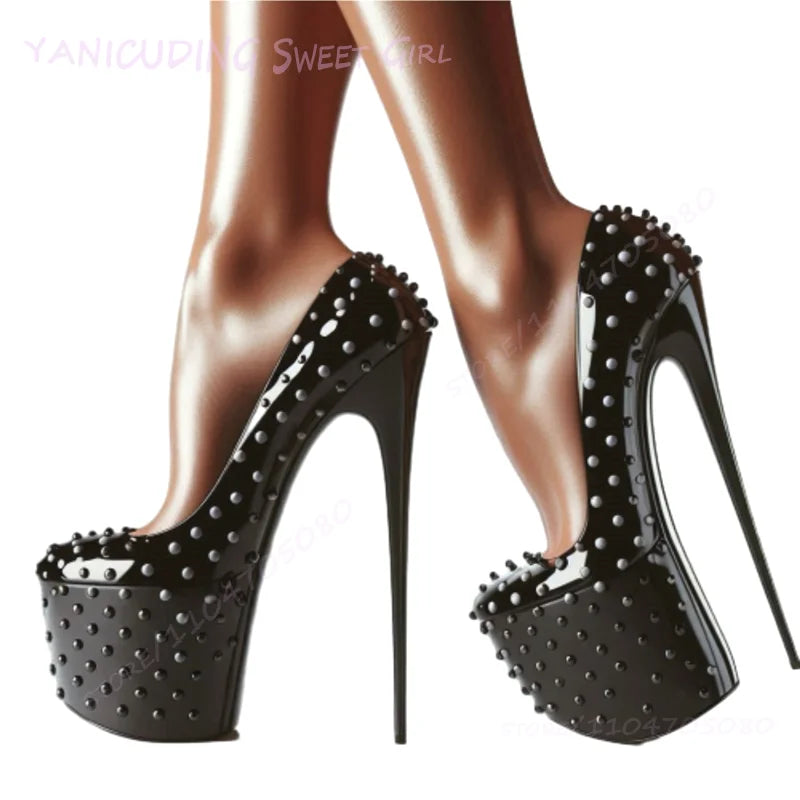 High Platform Black Pump Rivet Stiletto Heels Women Round Toe Sandals Sexy Pole Dance Patent Leather Matte Custom 46Size Shoes